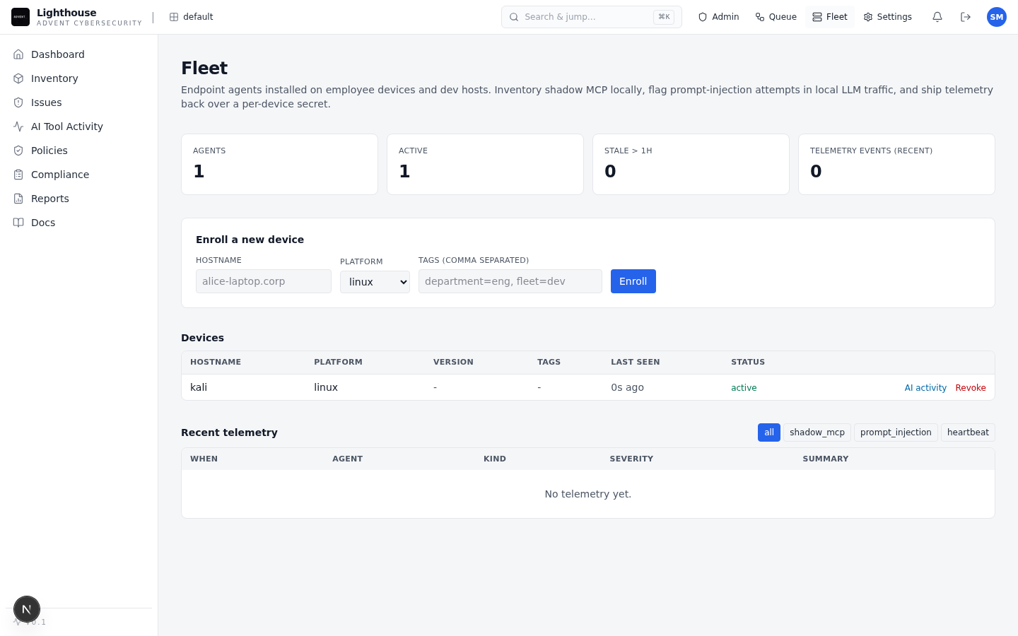 Lighthouse fleet dashboard showing endpoint agent status